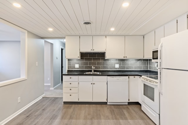 kitchen with sink, tasteful backsplash, wood ceiling, white appliances, and white cabinets