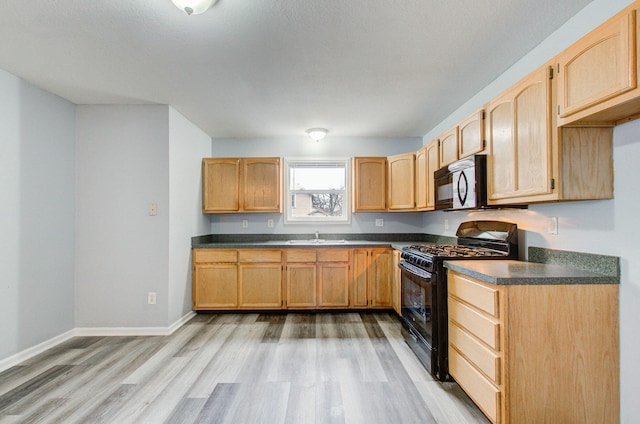 kitchen with sink, light hardwood / wood-style floors, and black appliances