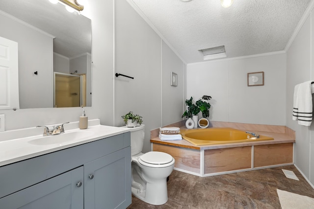 full bathroom with shower with separate bathtub, a textured ceiling, and crown molding