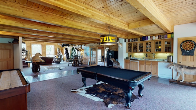 playroom featuring tile patterned flooring, pool table, wood ceiling, beam ceiling, and indoor wet bar