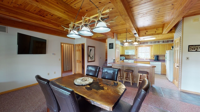 dining area with beam ceiling, wooden ceiling, and baseboards