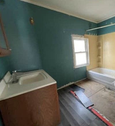 bathroom featuring crown molding, vanity, and bathing tub / shower combination