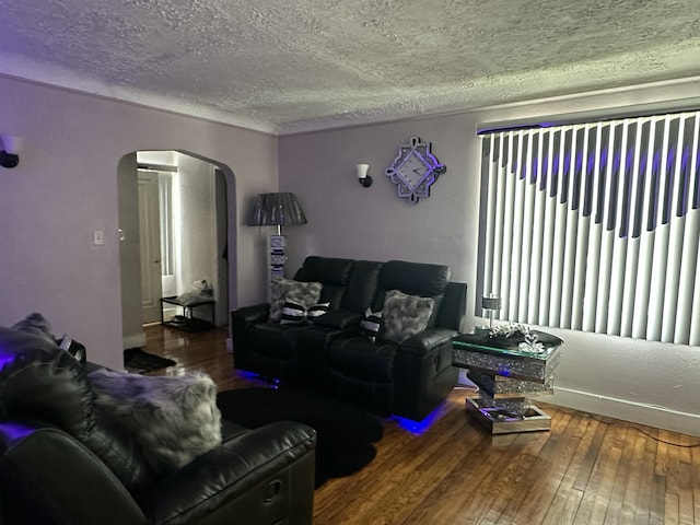 living room featuring hardwood / wood-style floors and a textured ceiling