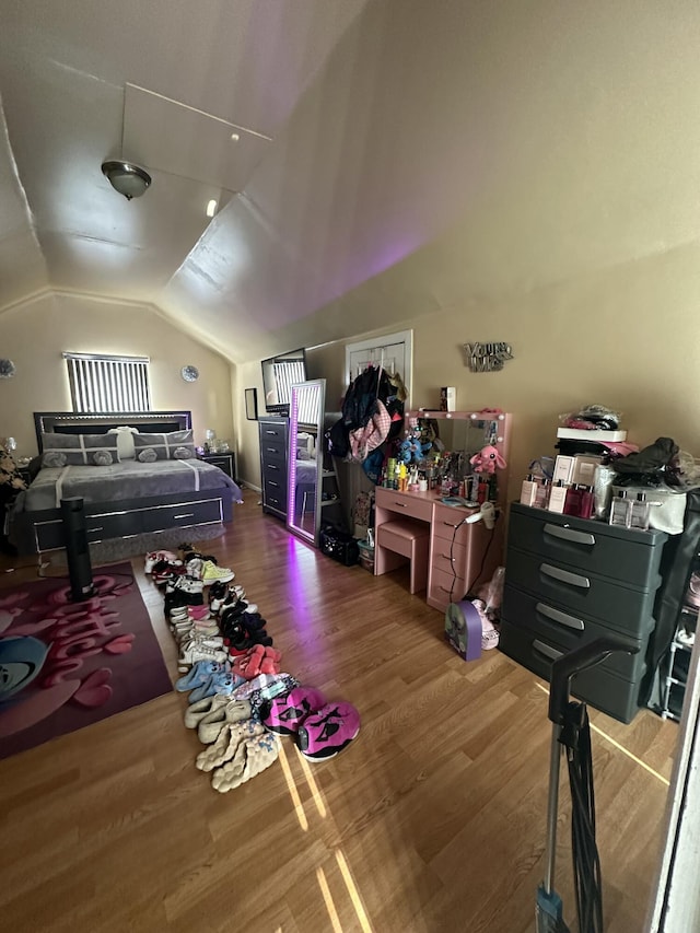 bonus room with wood-type flooring and vaulted ceiling