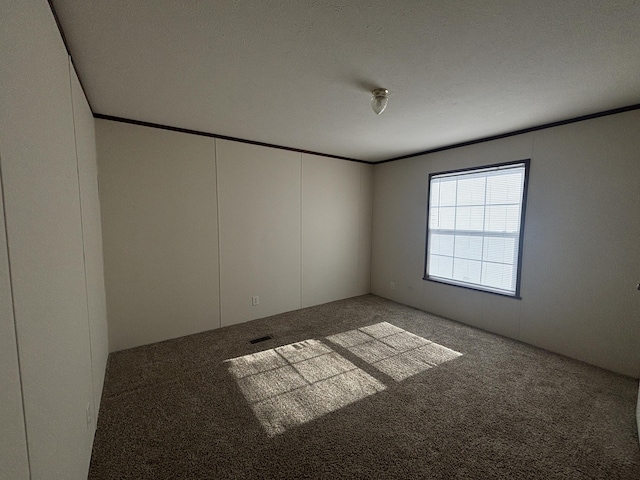 empty room with crown molding and carpet flooring