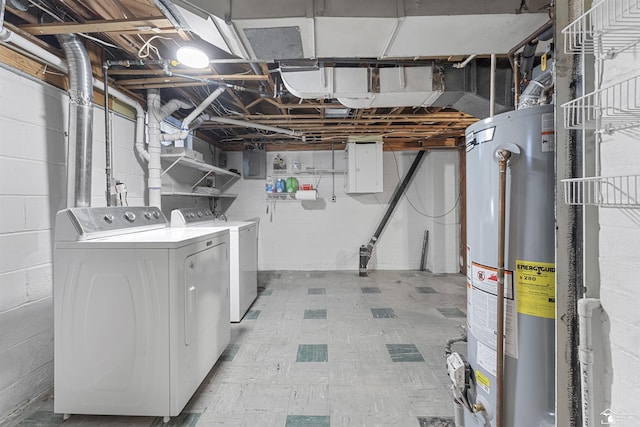 basement featuring gas water heater, separate washer and dryer, and electric panel