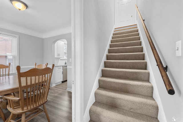 stairs with hardwood / wood-style flooring and crown molding