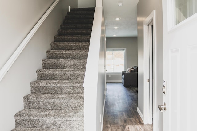 stairs with hardwood / wood-style floors