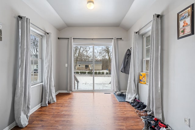 interior space with dark hardwood / wood-style flooring, vaulted ceiling, and plenty of natural light