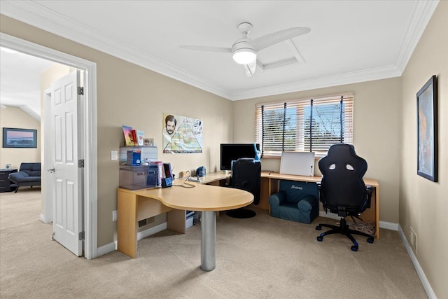 home office with crown molding, light colored carpet, and ceiling fan