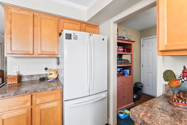 kitchen featuring freestanding refrigerator and dark countertops