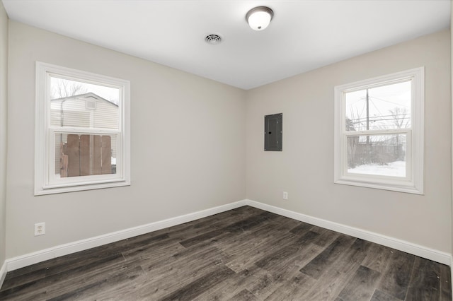 empty room featuring dark hardwood / wood-style flooring, a wealth of natural light, and electric panel