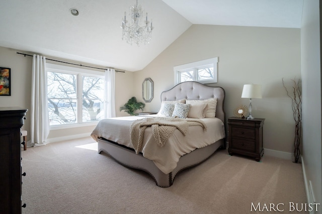 carpeted bedroom with vaulted ceiling and a notable chandelier