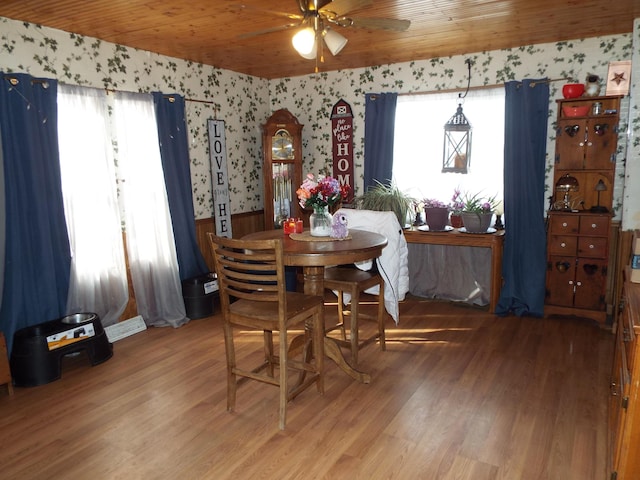 dining area featuring hardwood / wood-style flooring, ceiling fan, and wooden ceiling