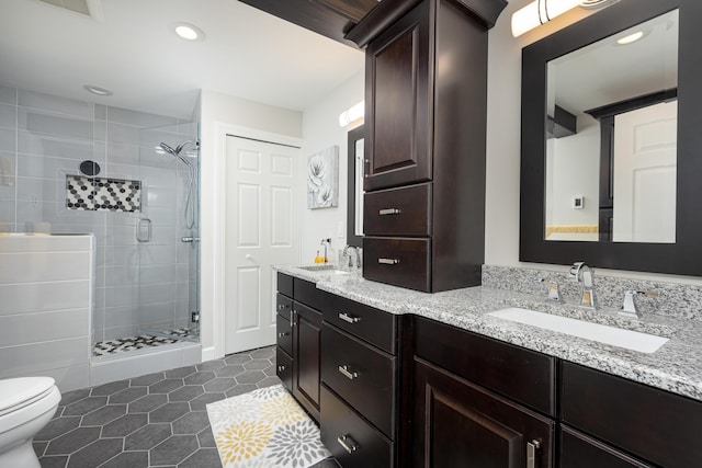 7500 Dexter Pinckney Rd, Dexter, MI 48130 - bathroom featuring vanity, tile patterned floors, toilet, and walk in shower