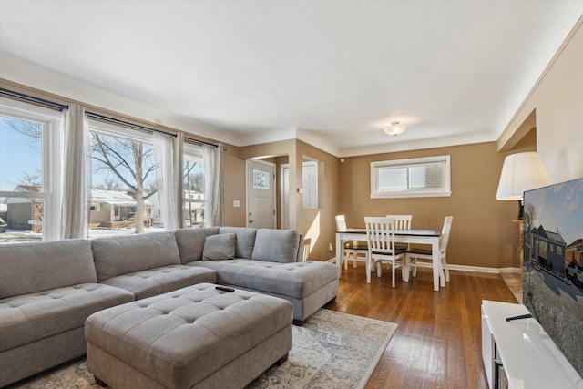 living room with dark hardwood / wood-style floors