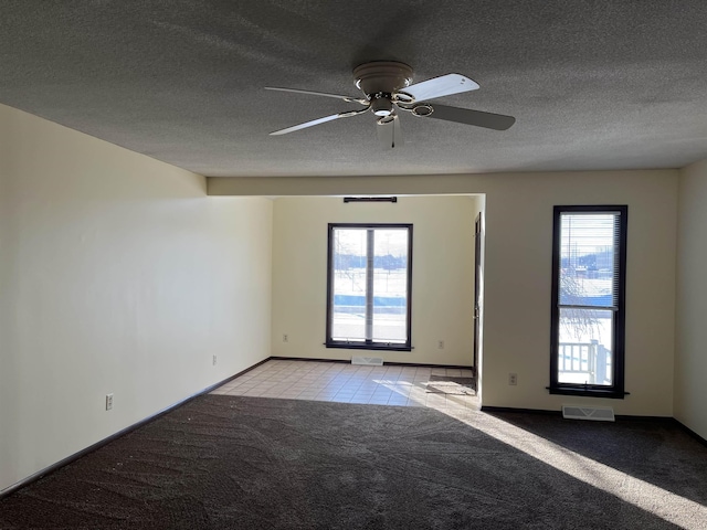 carpeted spare room featuring ceiling fan, a wealth of natural light, and a textured ceiling