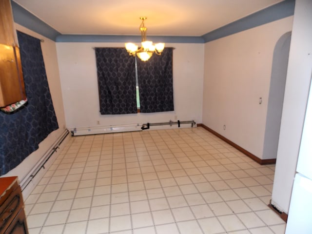 unfurnished room with an inviting chandelier, a baseboard heating unit, and crown molding