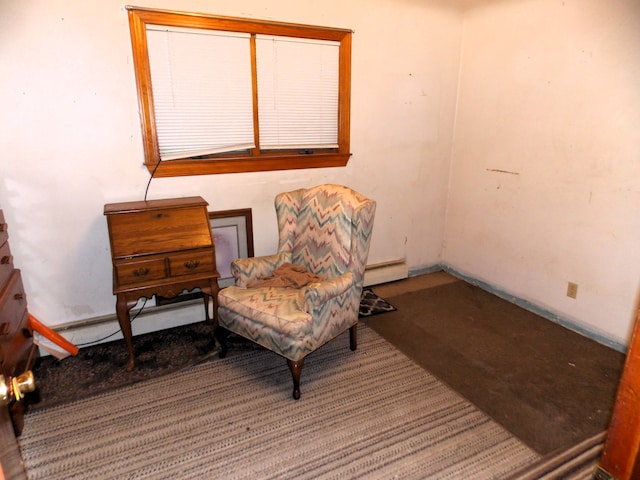 sitting room featuring carpet, baseboard heating, and a baseboard radiator