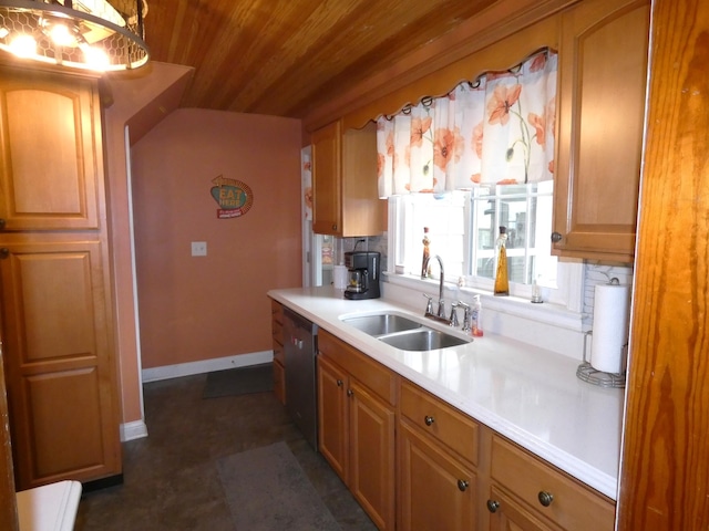 kitchen featuring stainless steel dishwasher, wooden ceiling, baseboards, a sink, and light countertops