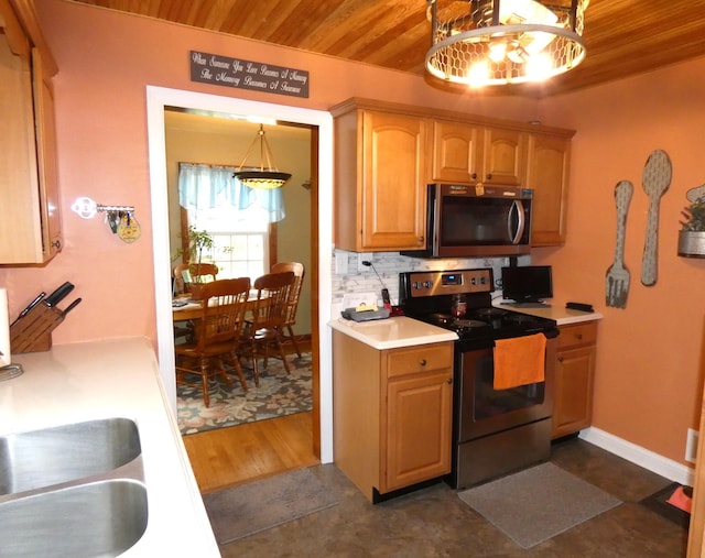 kitchen with light countertops, appliances with stainless steel finishes, wood ceiling, and backsplash