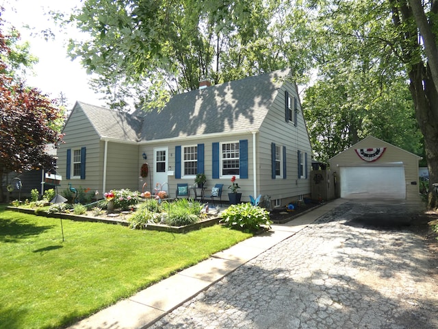 6 Poplar St, Three Oaks, MI 49128 - cape cod house with an outdoor structure, a garage, a chimney, a front lawn, and roof with shingles