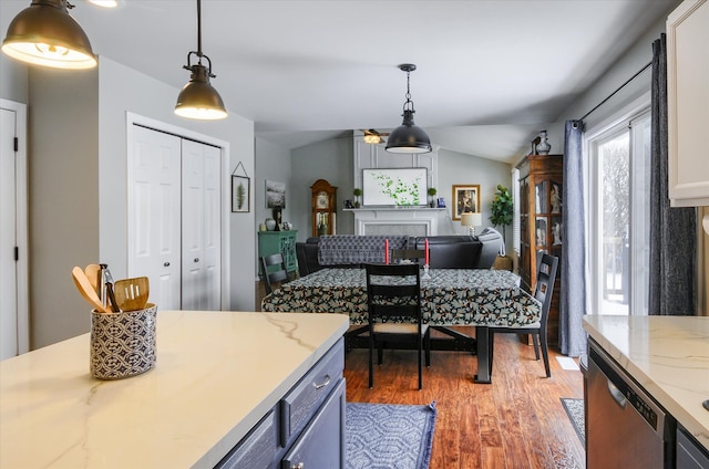 dining space featuring dark hardwood / wood-style flooring and vaulted ceiling