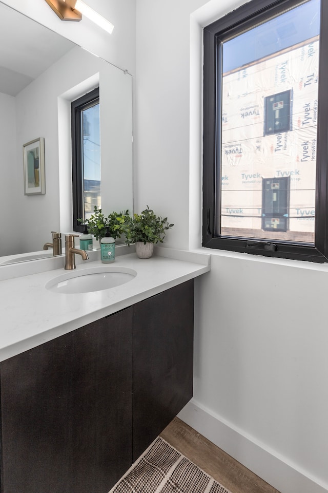 bathroom featuring wood-type flooring, a wealth of natural light, and vanity