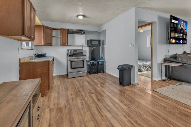 kitchen with stainless steel range with gas cooktop, sink, and light hardwood / wood-style floors