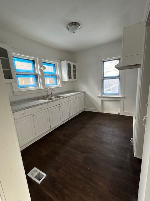 kitchen with white cabinetry, sink, and dark hardwood / wood-style floors