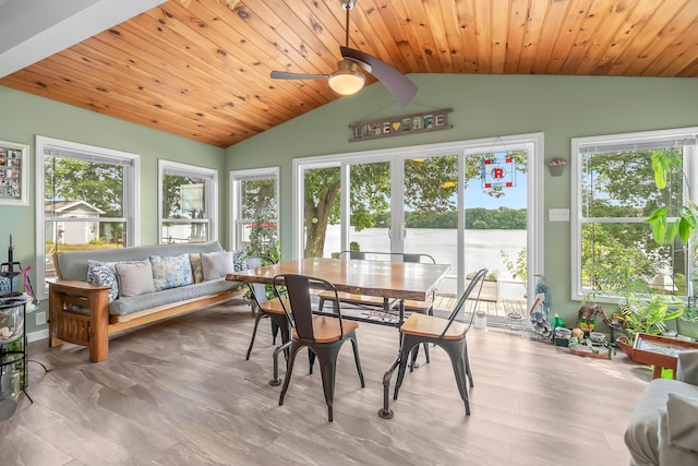 sunroom / solarium with wood ceiling, vaulted ceiling, and plenty of natural light