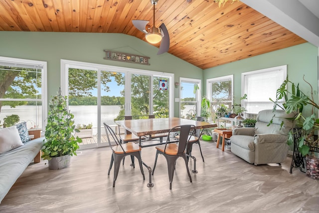 sunroom with a water view, lofted ceiling, and wood ceiling