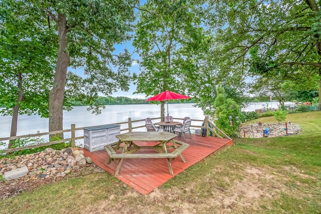 view of yard with a deck with water view