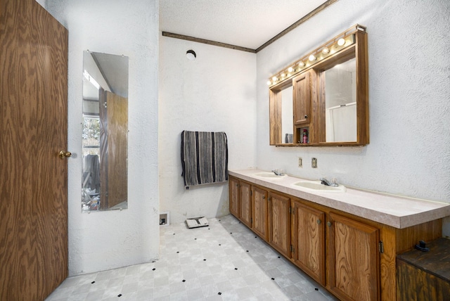 bathroom with crown molding, vanity, and a textured ceiling