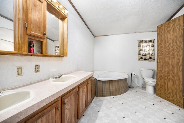 bathroom with vanity, a bath, toilet, and a textured ceiling