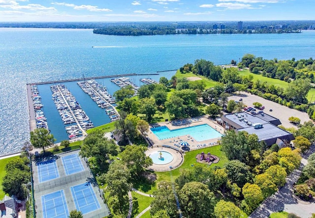 drone / aerial view with a water view