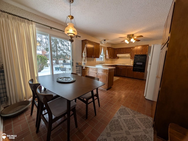 dining area with sink, a textured ceiling, and ceiling fan