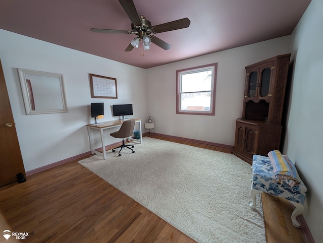 office area featuring hardwood / wood-style flooring and ceiling fan