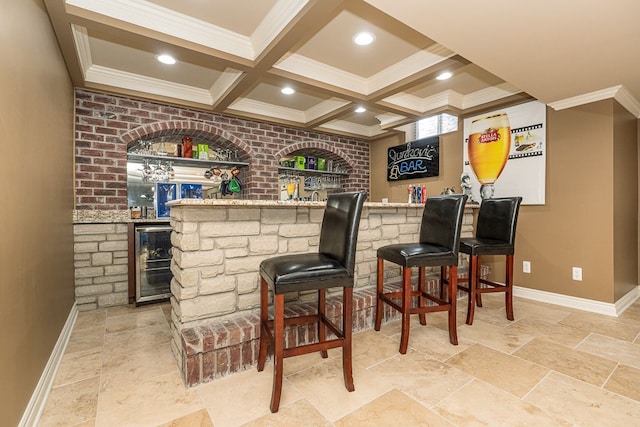 bar featuring beamed ceiling, crown molding, coffered ceiling, and beverage cooler