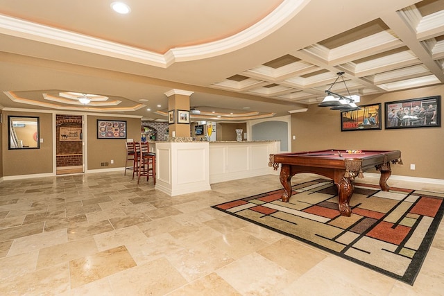 rec room featuring coffered ceiling, crown molding, pool table, bar area, and beamed ceiling