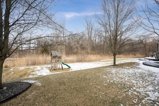 yard covered in snow with a playground