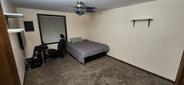 bedroom featuring ceiling fan and dark colored carpet