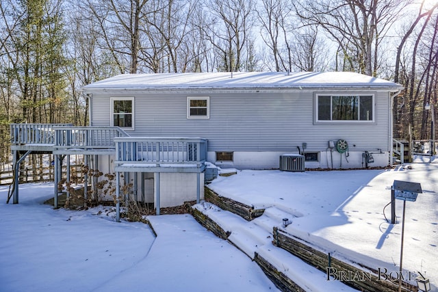 snow covered house with a wooden deck and central AC