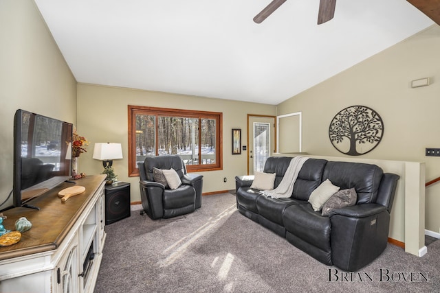 living room featuring vaulted ceiling, carpet flooring, and ceiling fan