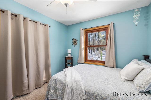 bedroom featuring carpet floors and ceiling fan