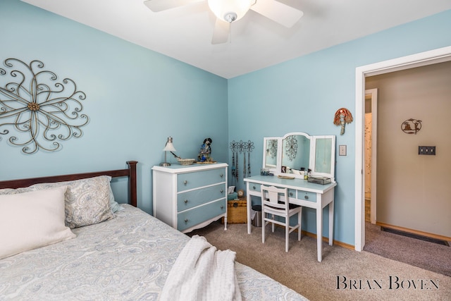 bedroom with ceiling fan and carpet