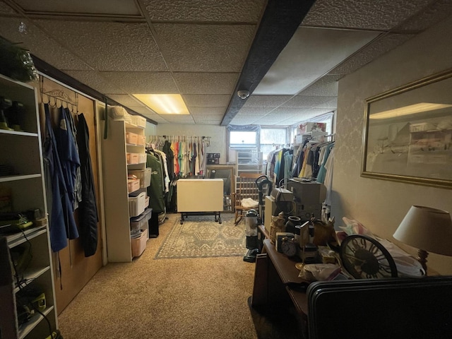 interior space featuring a paneled ceiling and carpet