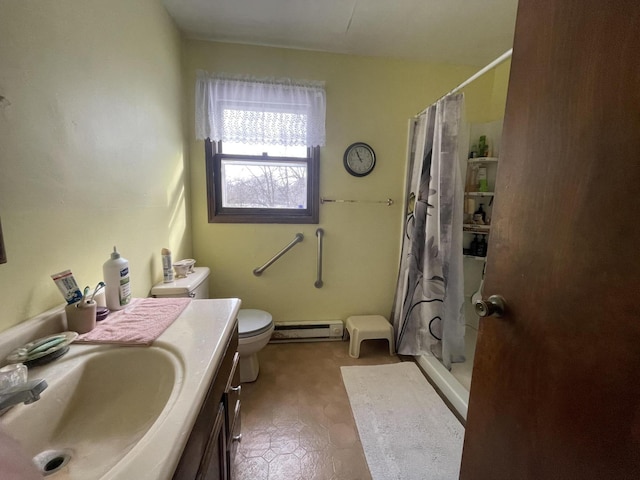 bathroom featuring vanity, curtained shower, toilet, and a baseboard radiator