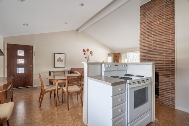 kitchen featuring lofted ceiling with beams, electric stove, and baseboards