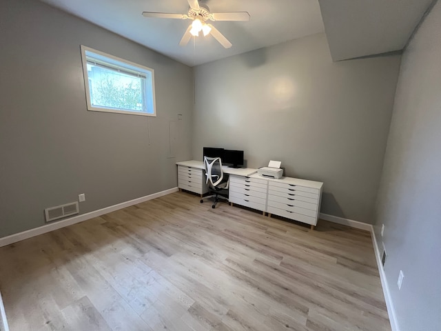 office space featuring ceiling fan and light wood-type flooring